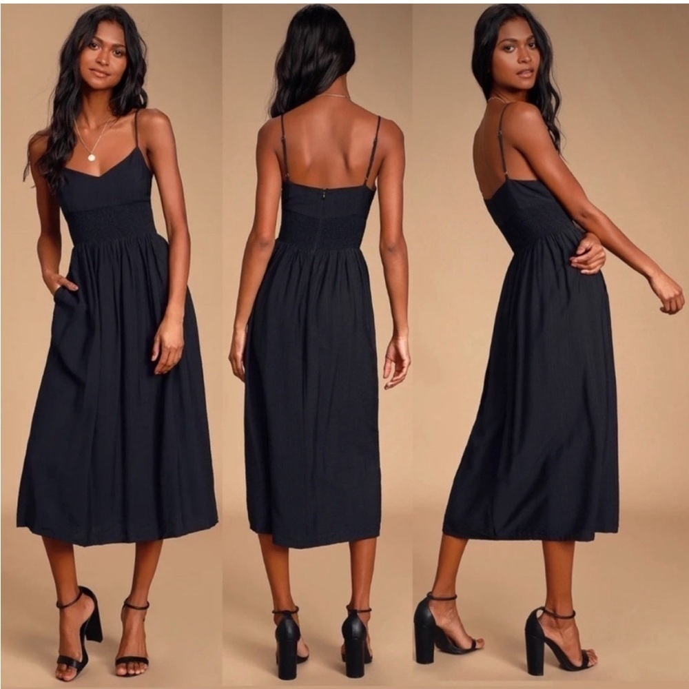 Lulu's Black Midi Sundress with Smocked Bodice